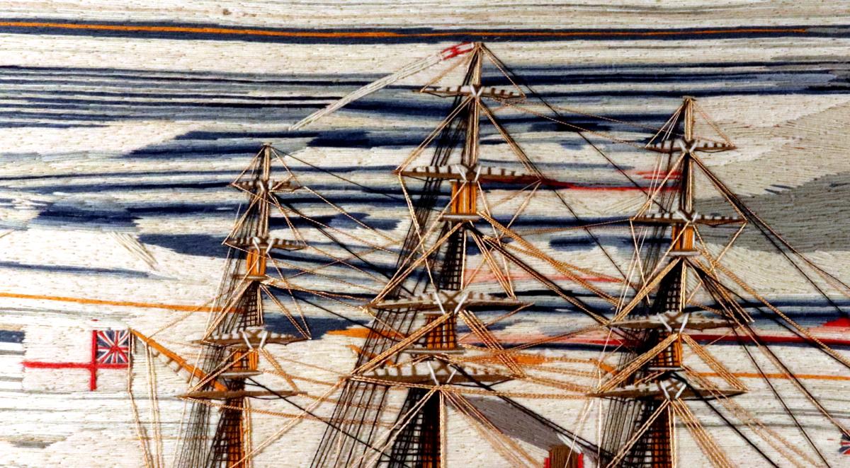 Large Sailor's Woolwork of Royal Navy Second Rate Ship in Bay Circa 1865