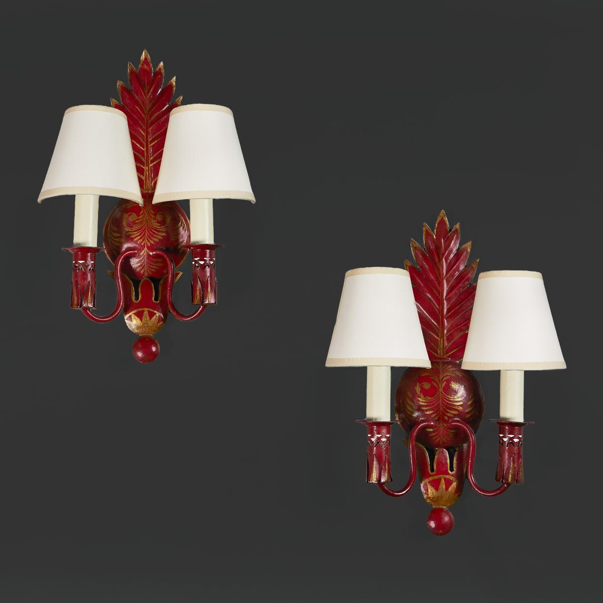 A Pair of French Red Tole Wall Lights
