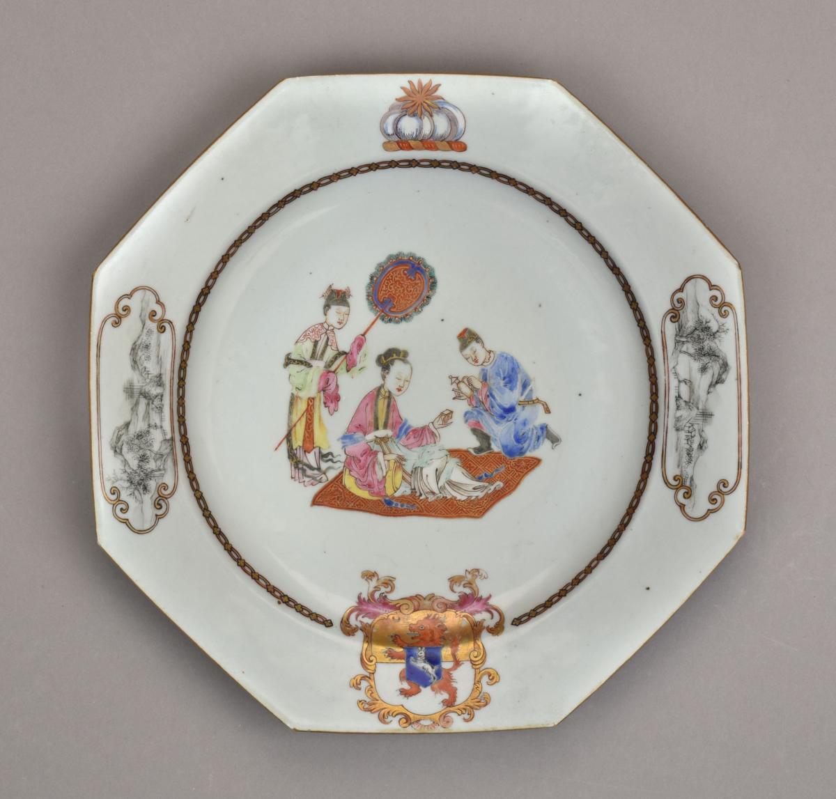 A finely painted Chinese armorial octagonal plate, c.1750