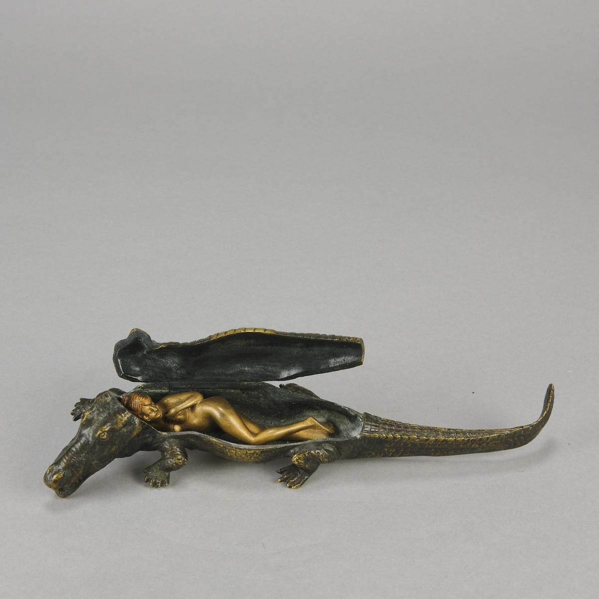Early 20th Century Cold-Painted Austrian Bronze entitled "Suprise Crocodile" by Franz Bergman