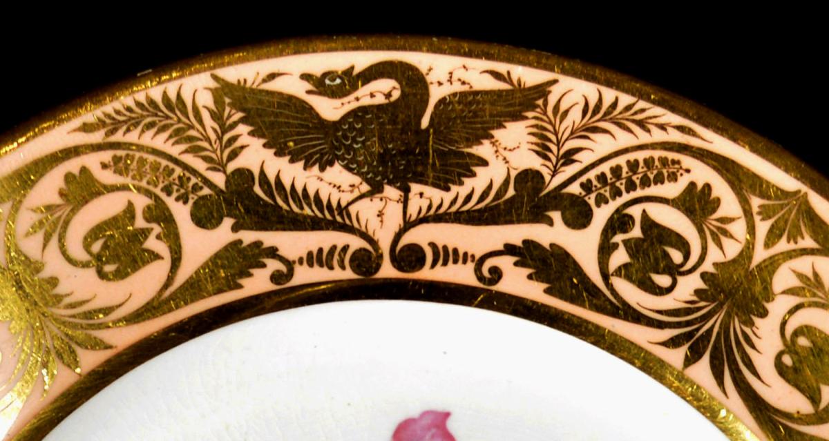 Antique Derby Porcelain Salmon Ground Plate, A Marsh Hibiscus, by John Brewer after William Curtis