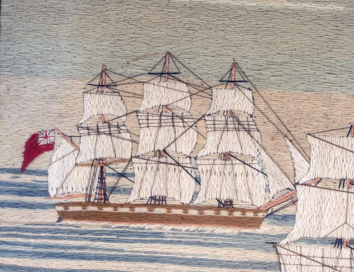 British Sailor's Woolwork of HMS Conqueror Entering Malta Harbour with Five other Ships Offshore