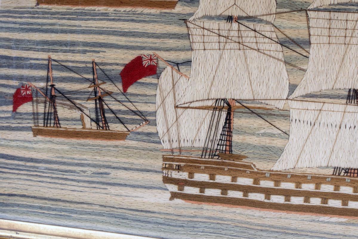 British Sailor's Woolwork of HMS Conqueror Entering Malta Harbour 