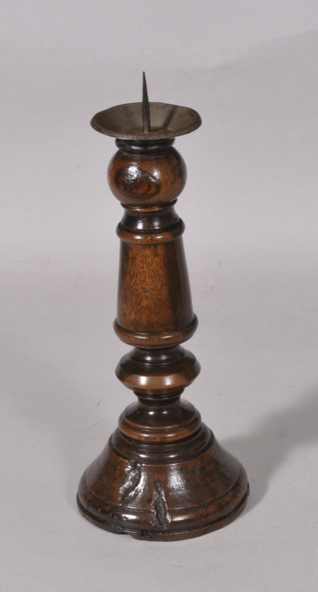 S/5642 Antique Treen Early 18th Century Laburnum Wood Pricket Candlestick
