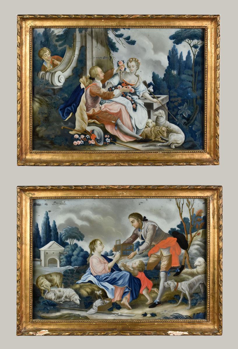 A fine pair of Chinese glass paintings of Le Pasteur Complaisant and Le Pasteur Galant