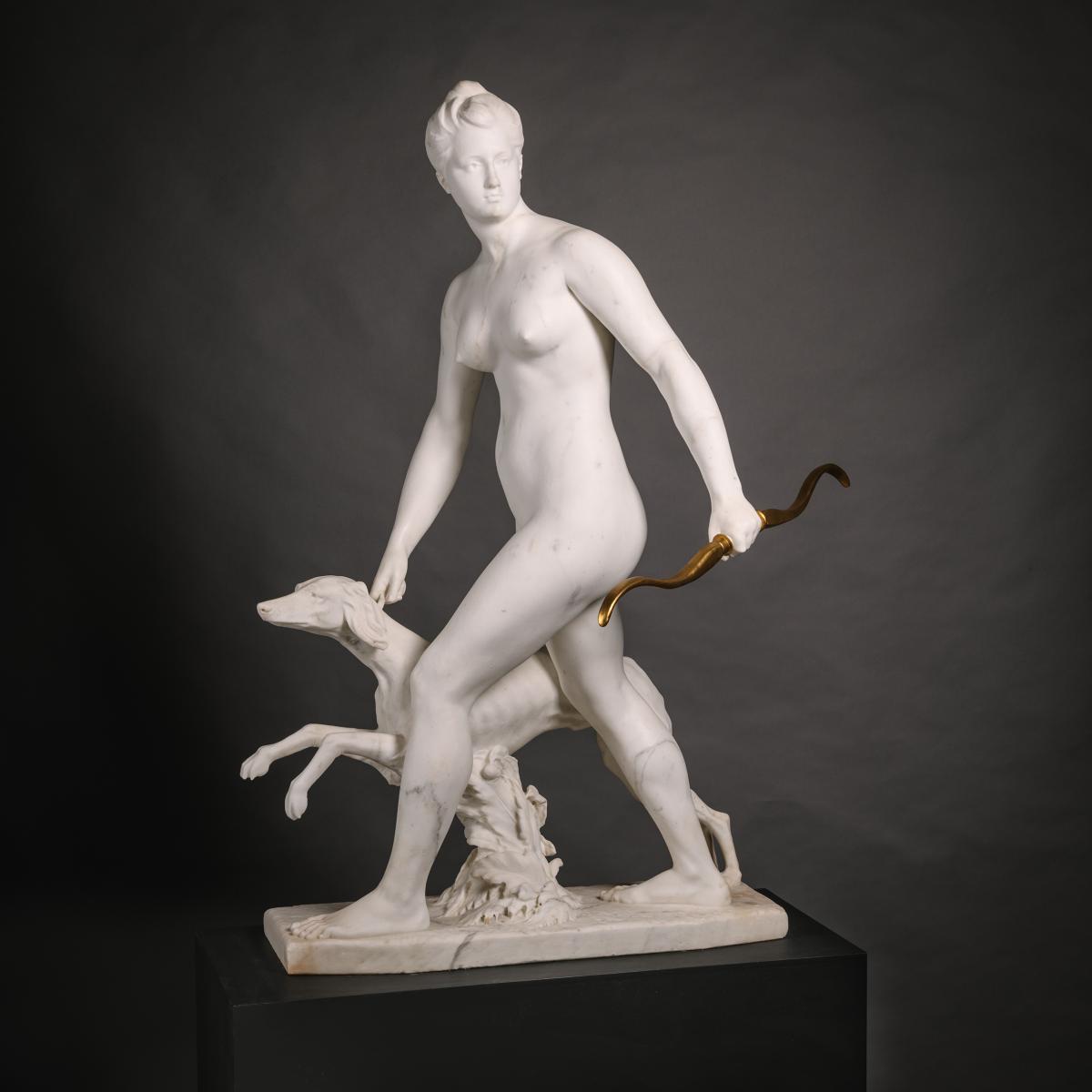 Alfred Boucher (French, 1850-1934), ‘Diana the Huntress’. A Near Lifesize Statuary Marble Group.  France, Circa 1895 for sale at Adrian Alan Ltd, www.adrianalan.com