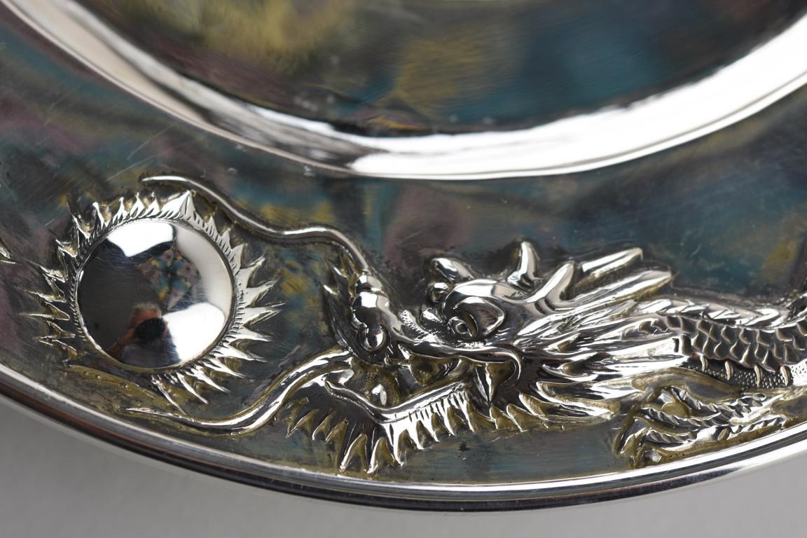 Chinese export silver butter dish finely decorated with 4 toed dragons chasing a flaming ball