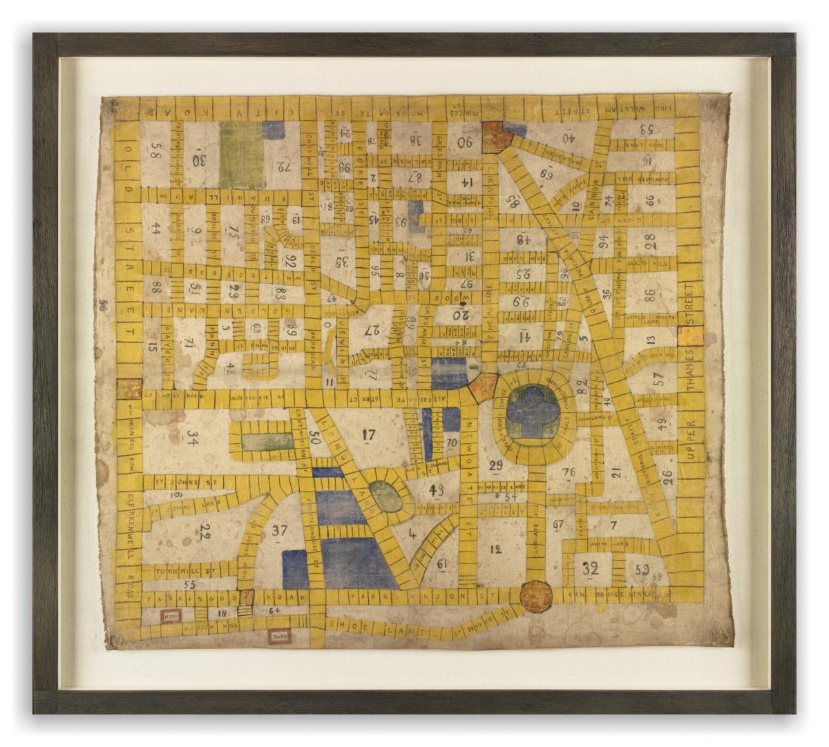 A  Graphic and Whimsical Map Gameboard Depicting St Pauls Churchyard, Streets and Plots in the City of London Hand Painted and Inscribed Canvas English, c.1900