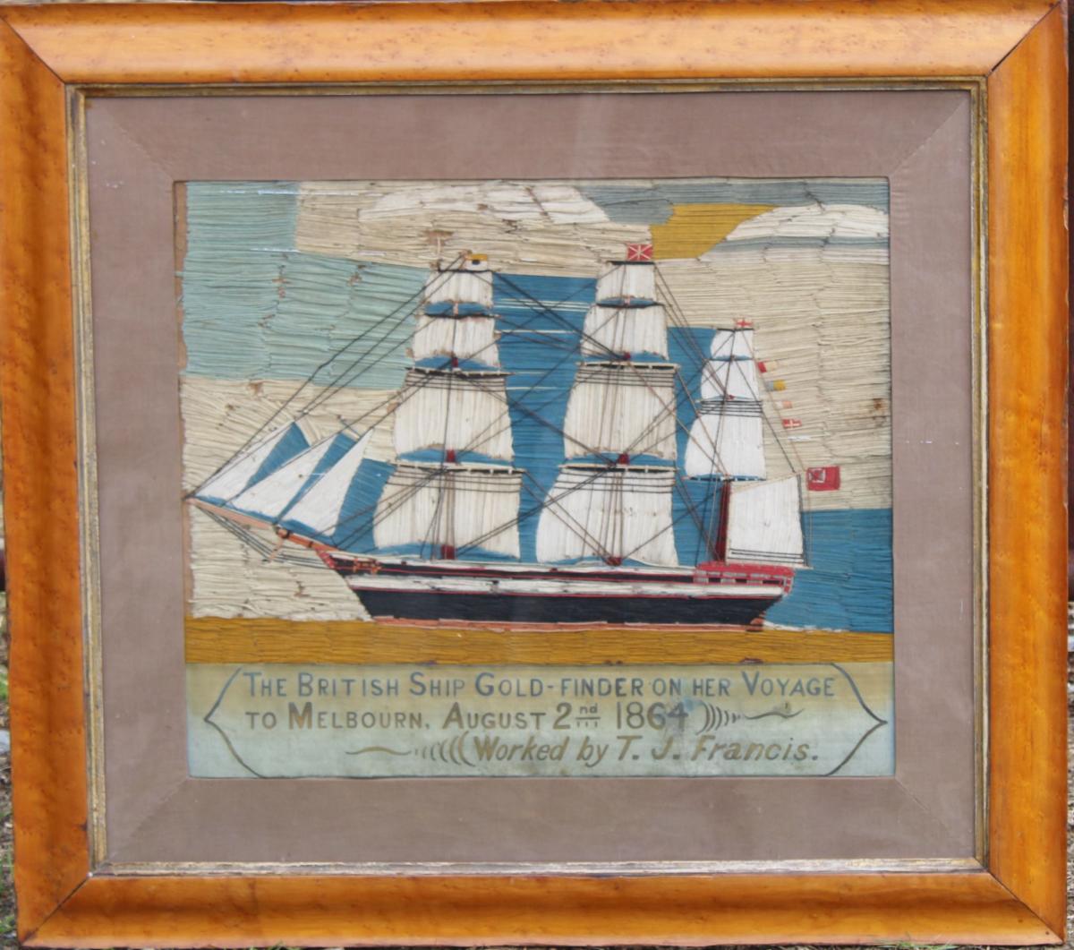 Sailor's Woolwork Nautical Woolwork Picture, Inscribed:The British Ship Gold Finder on her voyage to Melbourn, August 2, 1864. Worked by T.J. Francis