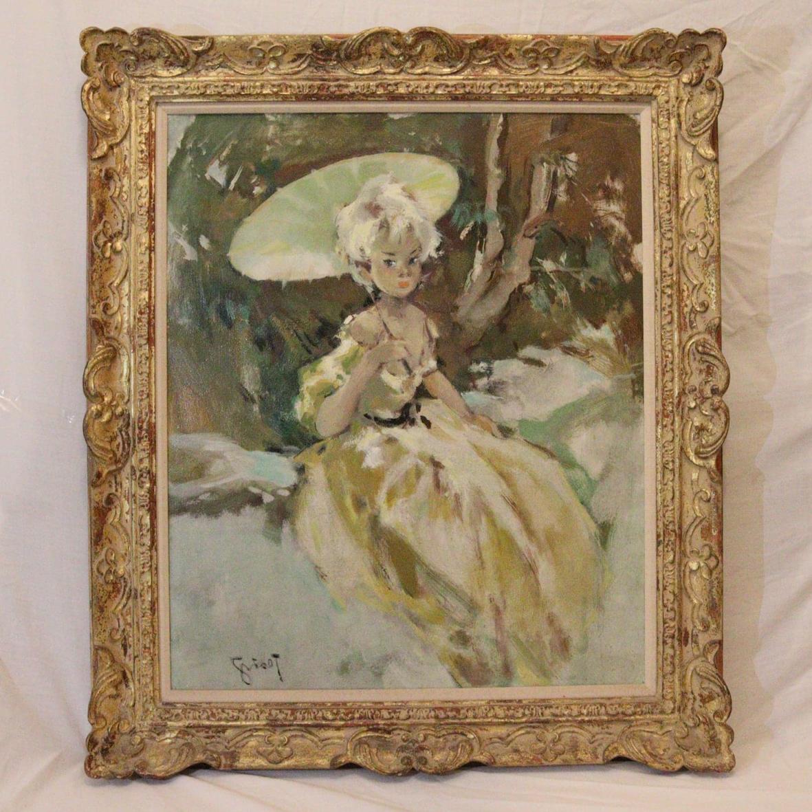 20th Century Oil on Canvas Painting entitled "Jeurne Fille Umbrille" by P Grisot