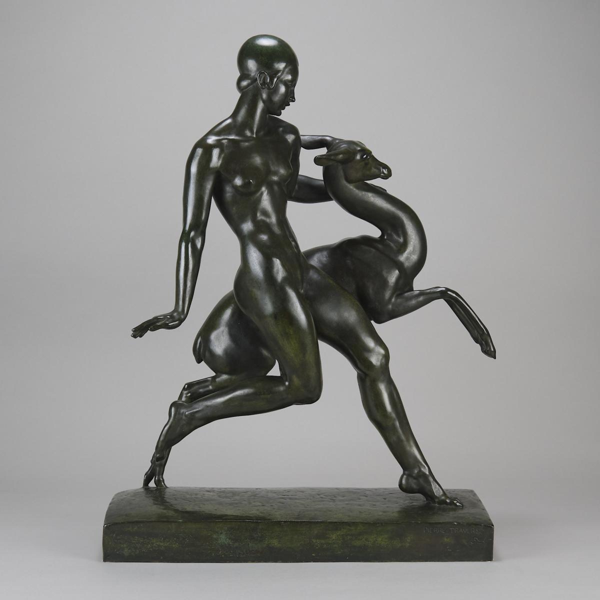 Early 20th Century Art Deco Bronze Sculpture entitled "Deer and Nymph" Pierre Traverse