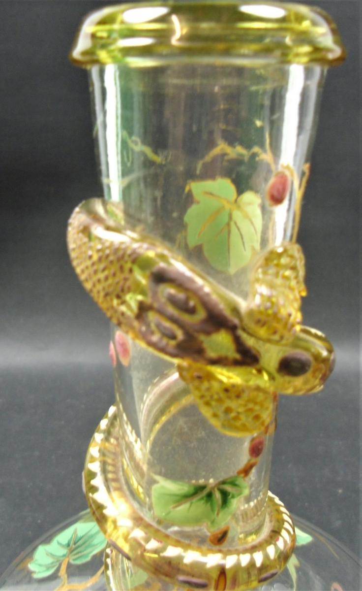 A pair of glass vases decorated with applied glass salamanders and with enamel and gold, Moser Austria circa 1900