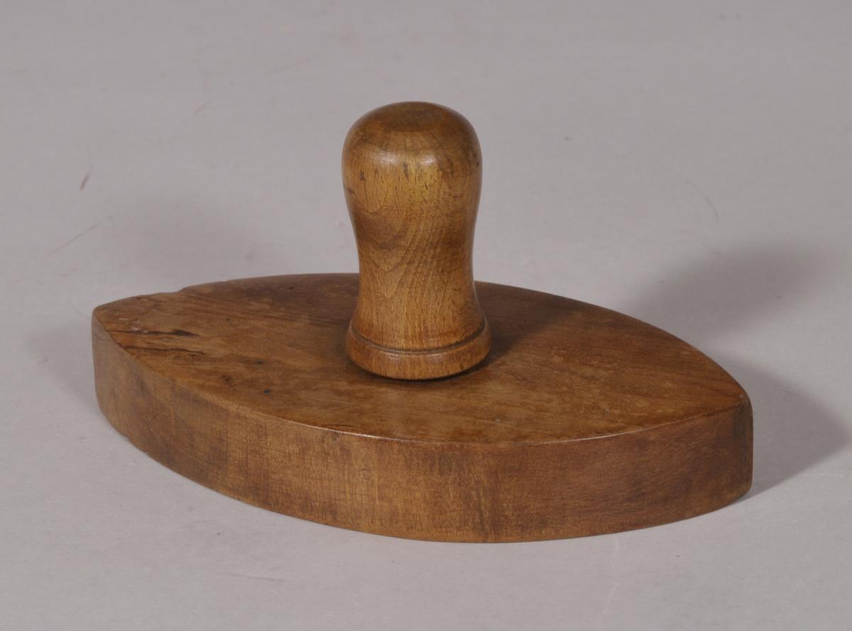 S/5632 Antique Treen 19th Century Oval Fruitwood Butter Stamp