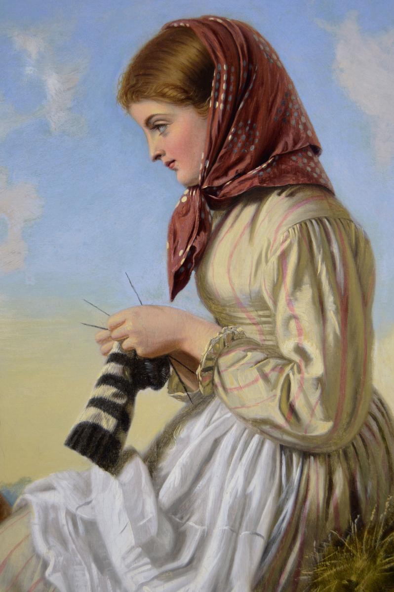Genre oil painting of a young woman knitting beside a girl by John William Haynes