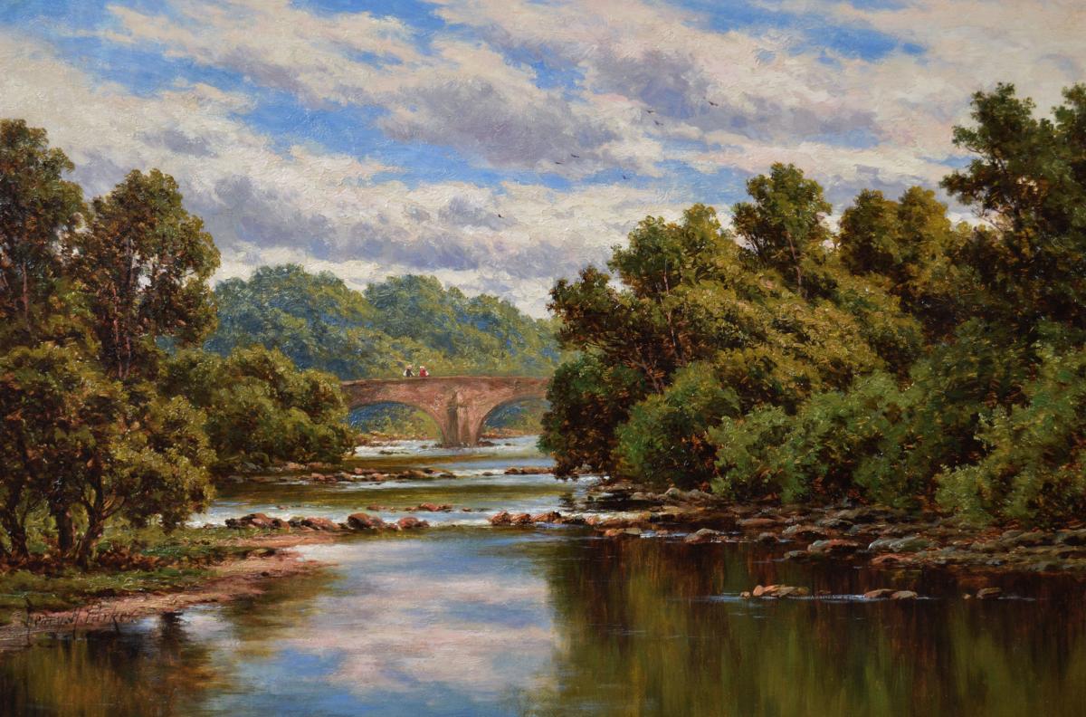 Lancashire river landscape oil painting of Doeford Bridge by Henry H Parker