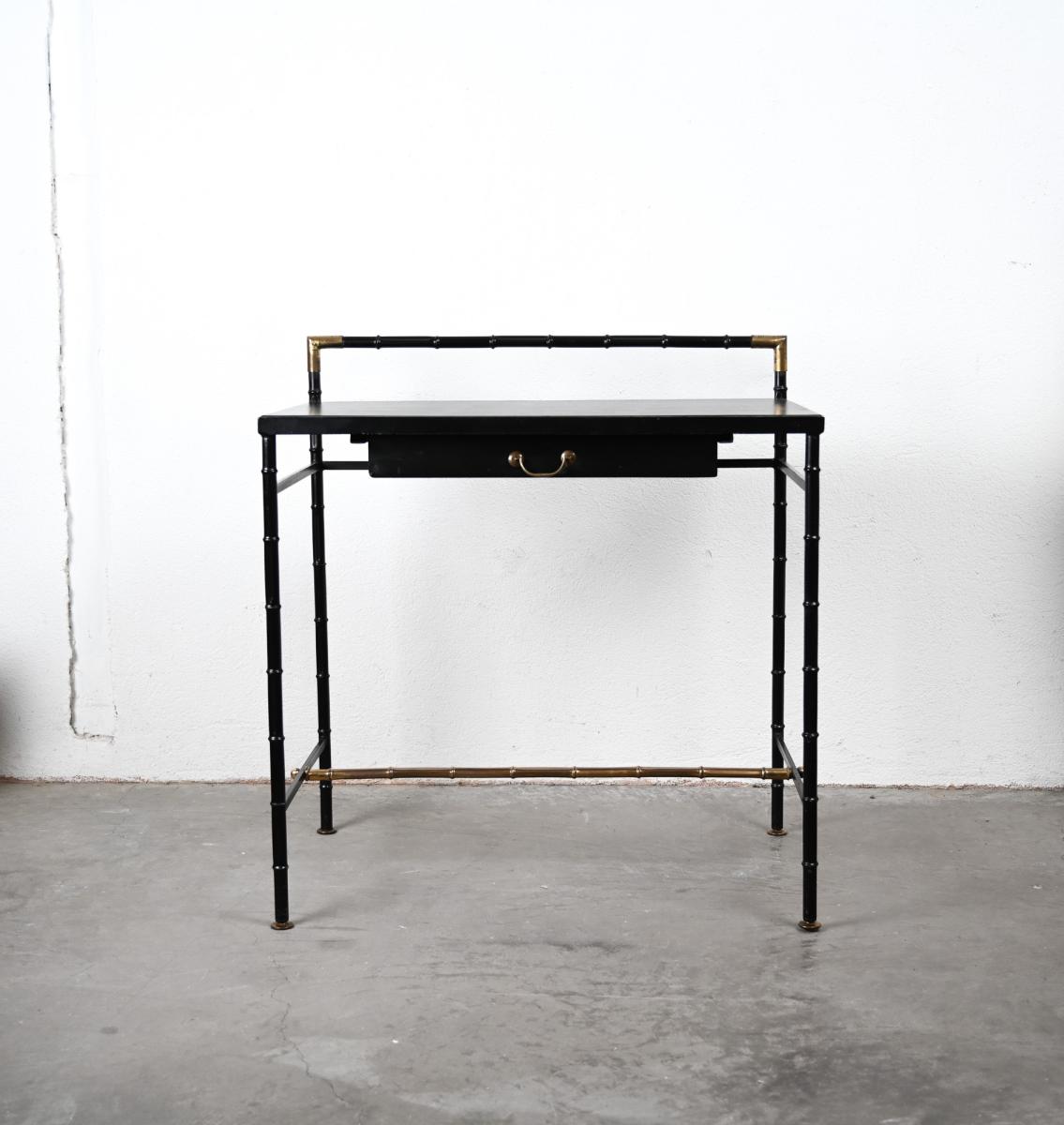 Jacques Adnet style black and brass faux bamboo table