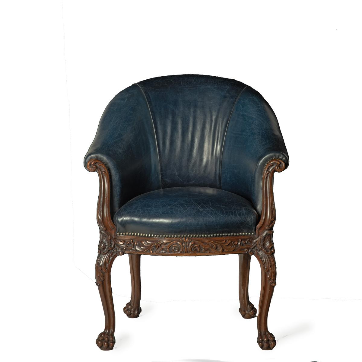 Victorian blue leather and walnut tub chairs