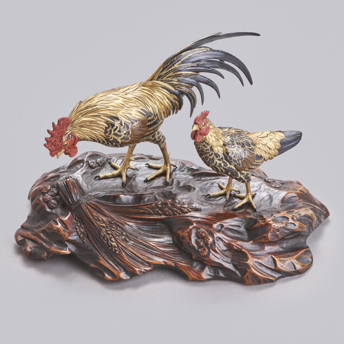 Japanese bronze group of a rooster and hen signed Mitani Tokusei, Meiji Period