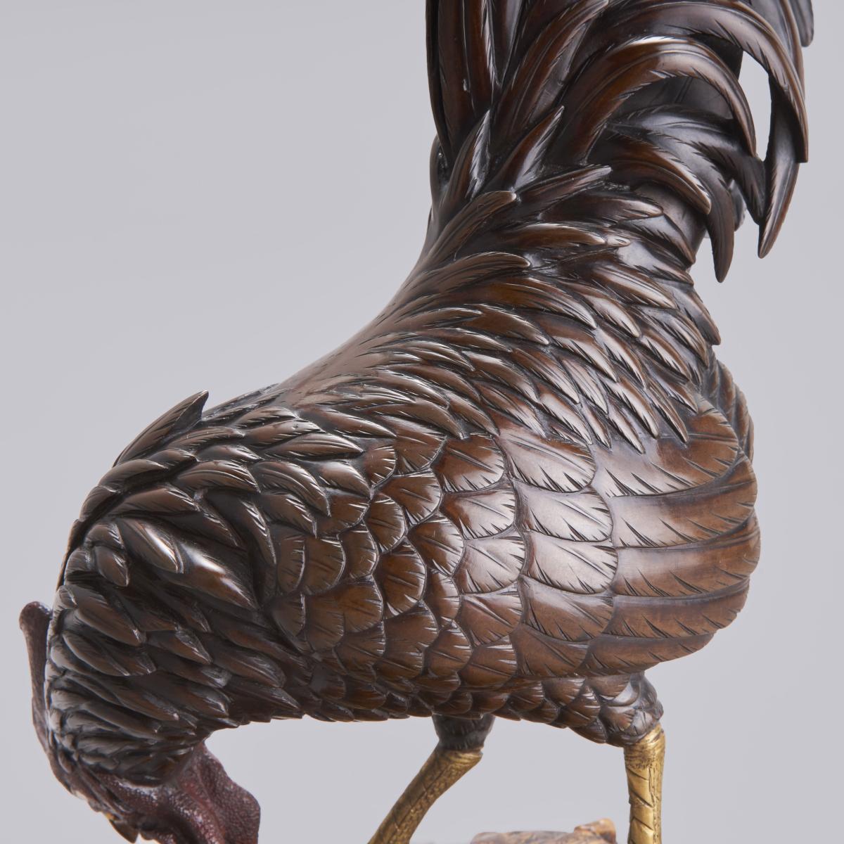 Japanese bronze longtail rooster signed Yoshiaki, Meiji Period