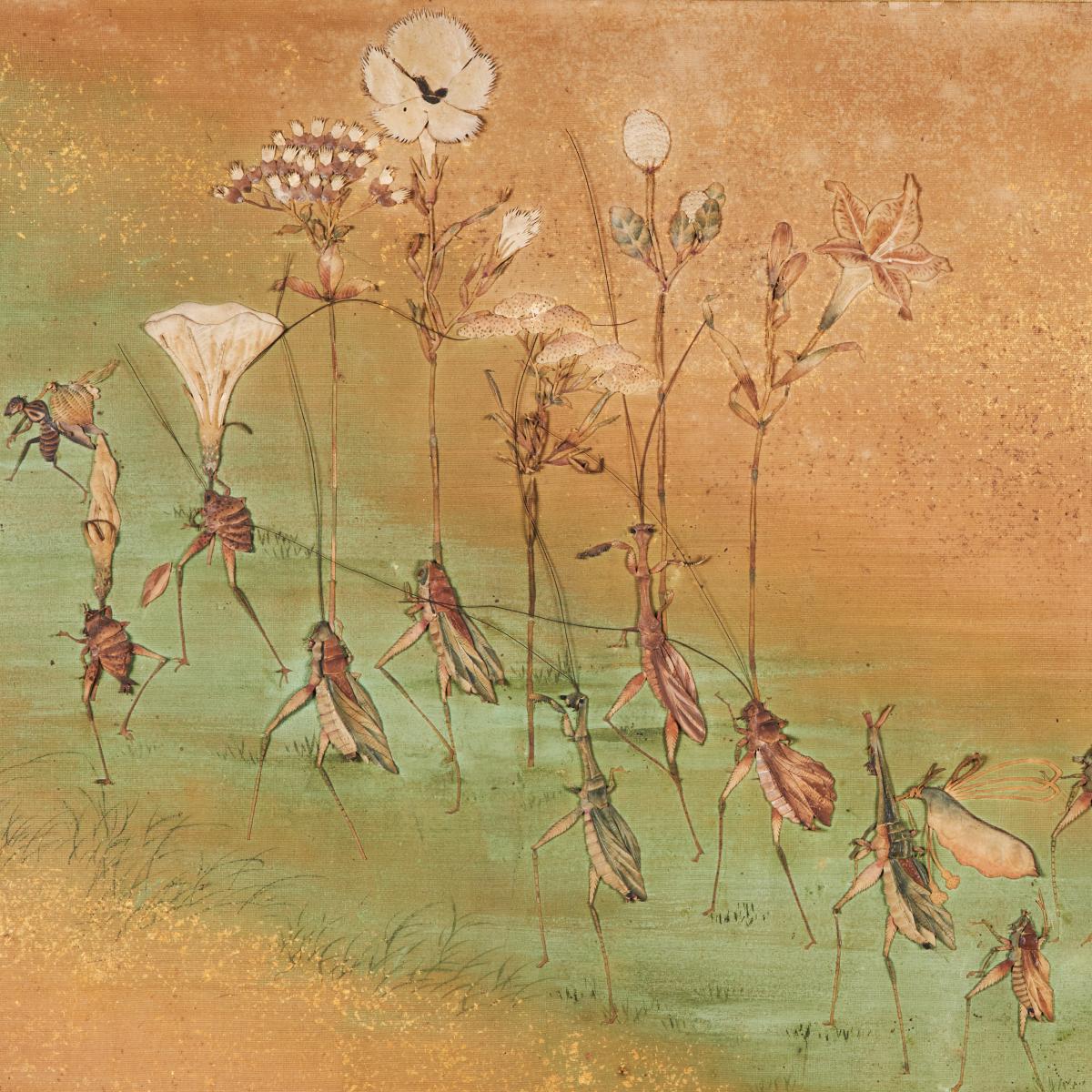 Japanese silk Oshi-e panel with a procession of insects signed Eigetsu, late Meiji Period