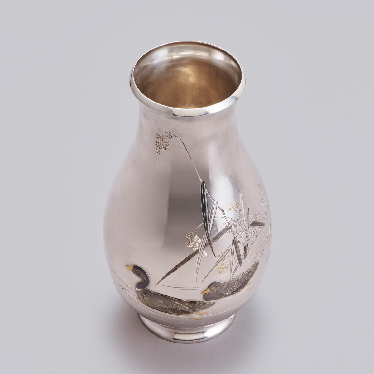 Japanese silver vase with geese signed Masatada, Taisho Period
