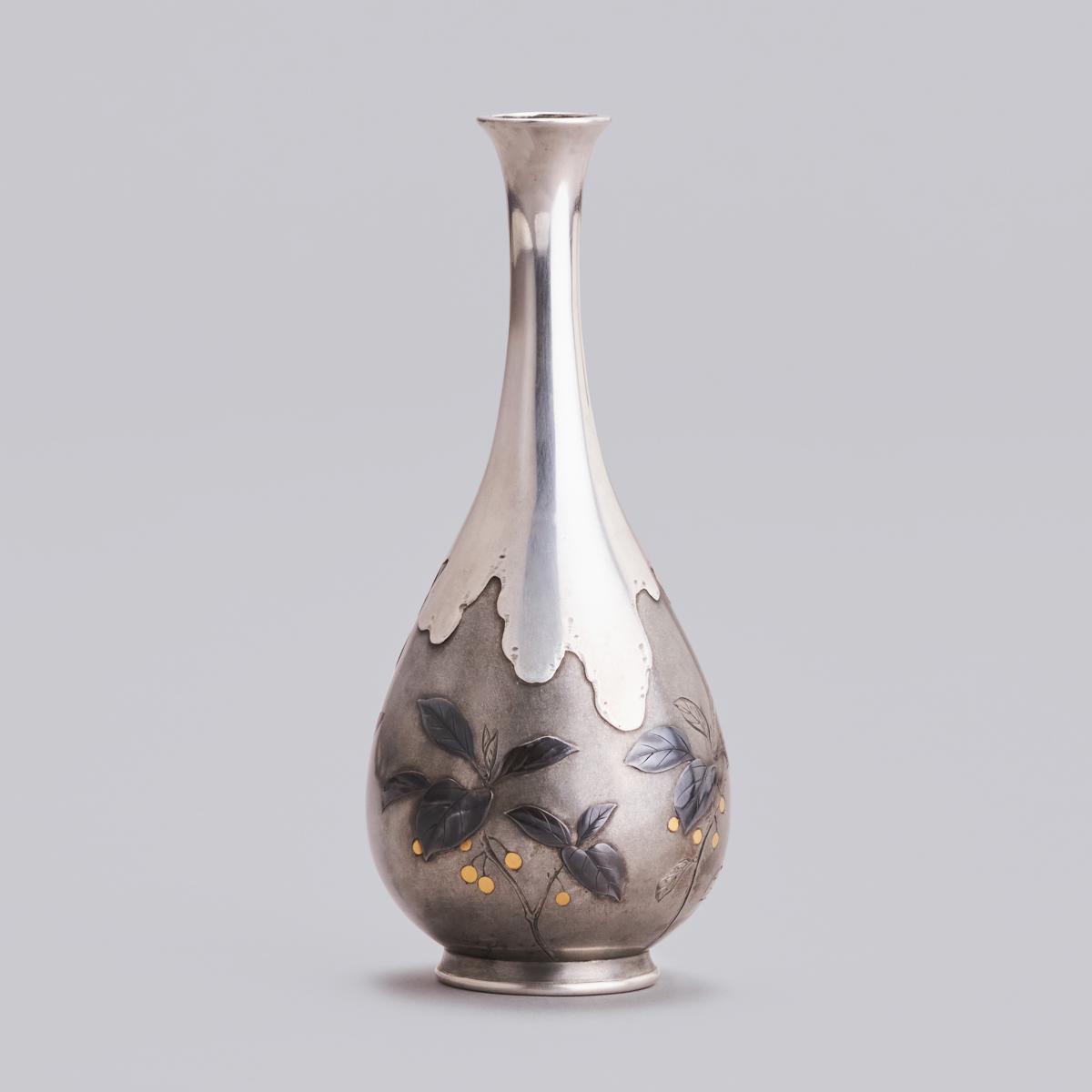 Japanese silver and shibuichi vase with a sparrow signed Masachika, Taisho Period