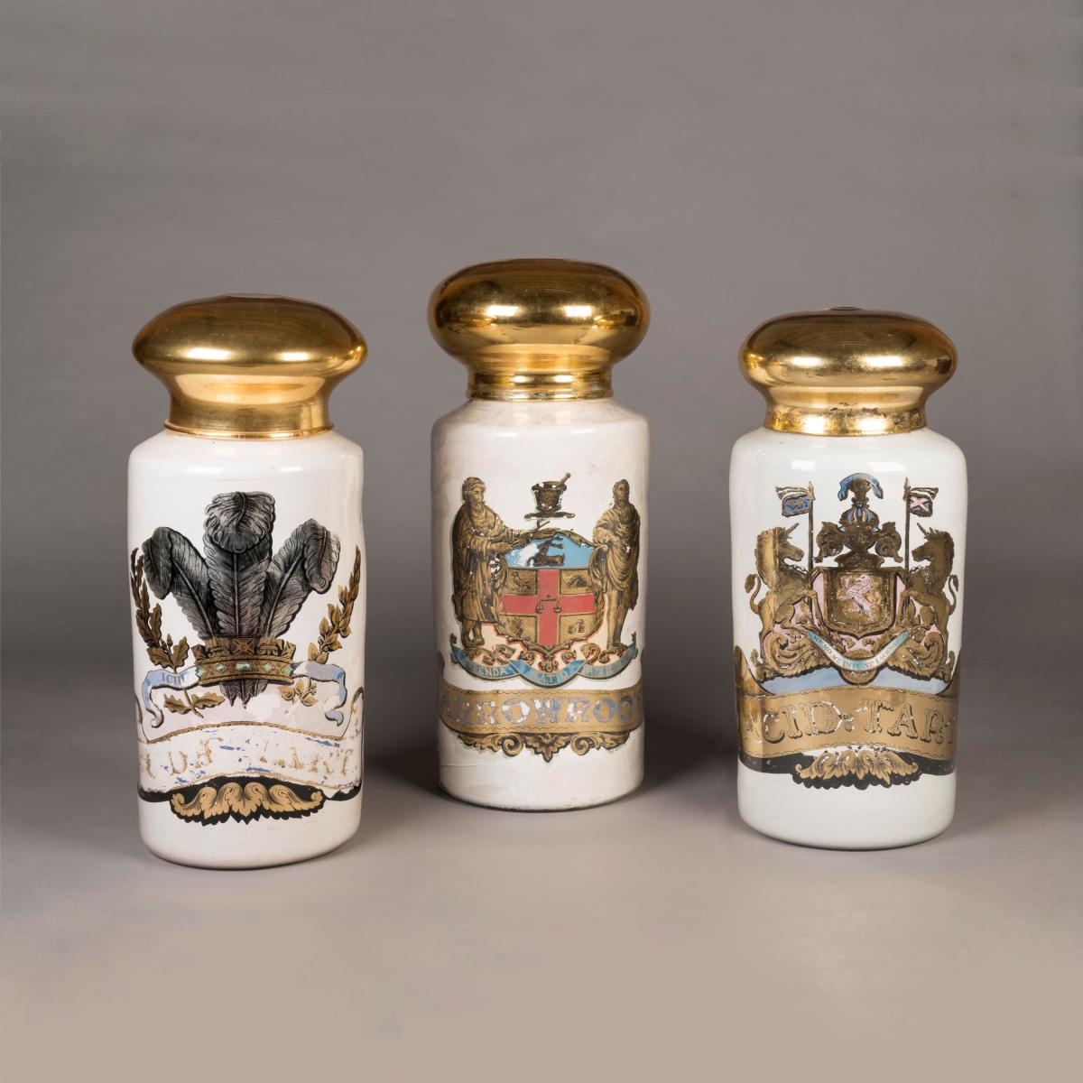 Three Large Hand-Painted Apothecary Jars