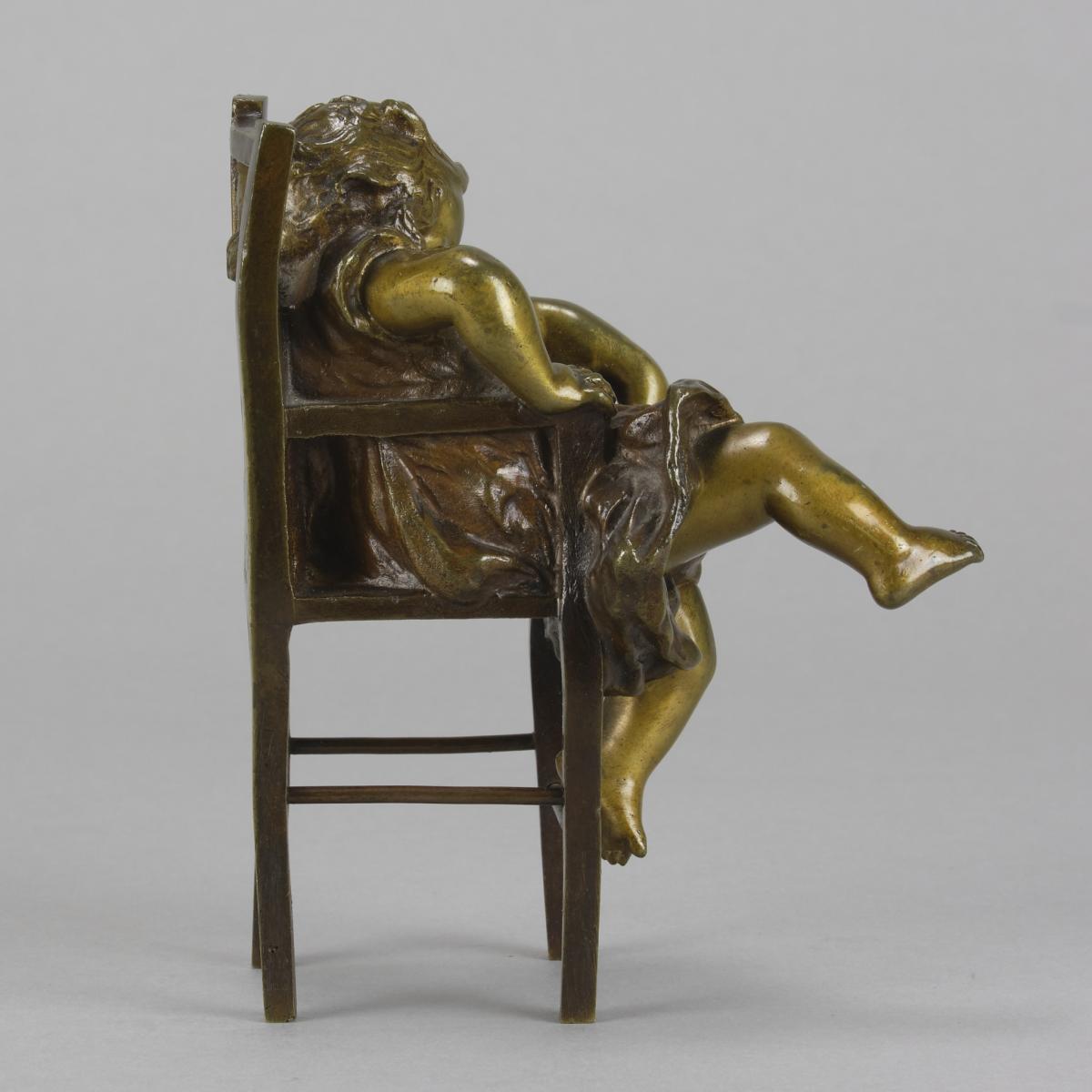 Early 20th Century Spanish Bronze Entitled "Girl on Chair" by Juan Clara