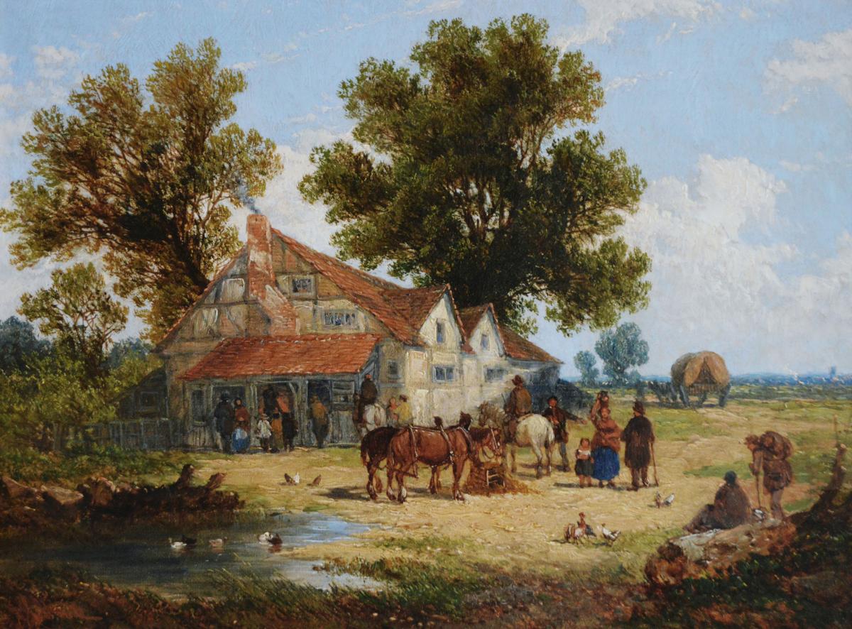 Landscape oil paintings of a village, by John Holland Snr