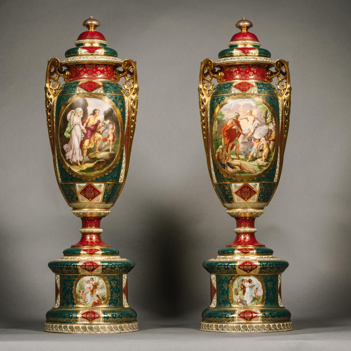 A Large Pair of Vienna Style Porcelain Vases and Covers.  Bohemia, Circa 1900.