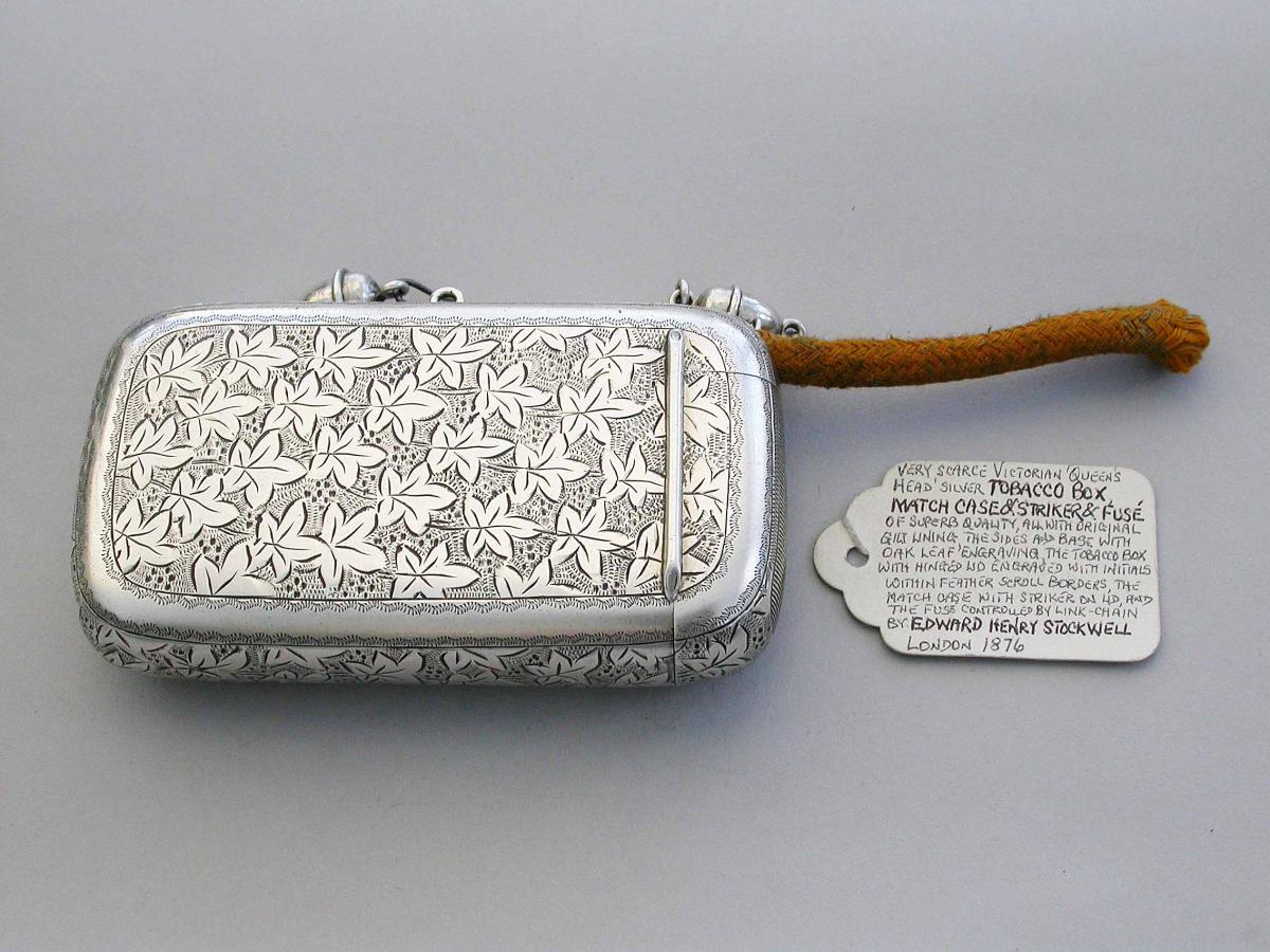 Rare Victorian Silver Tobacco Box with Match Case, Striker & Fusee