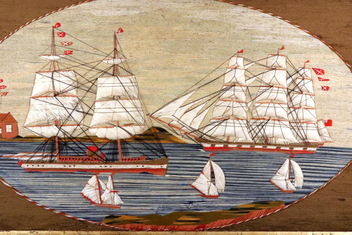 British Sailor's Woolwork with Five Ships in a Bay