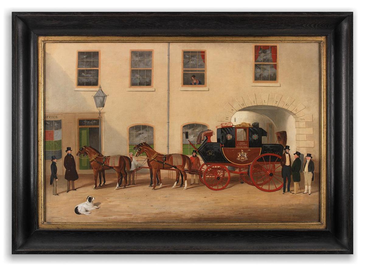 Outstanding English Naïve School Genre Painting Depicting the Leeds-Carlisle Royal Mail Coach Outside The Bush Hotel Oils on Canvas English, Signed "R Harrington" and Dated "1848"