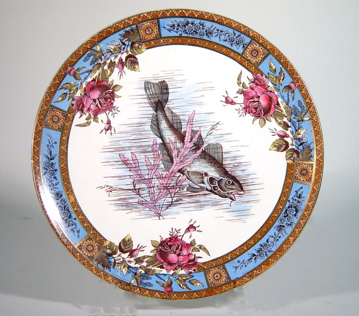 Antique English Earthenware Plates Decorated with Fish, Wood & Hulme, Garfield Pottery 