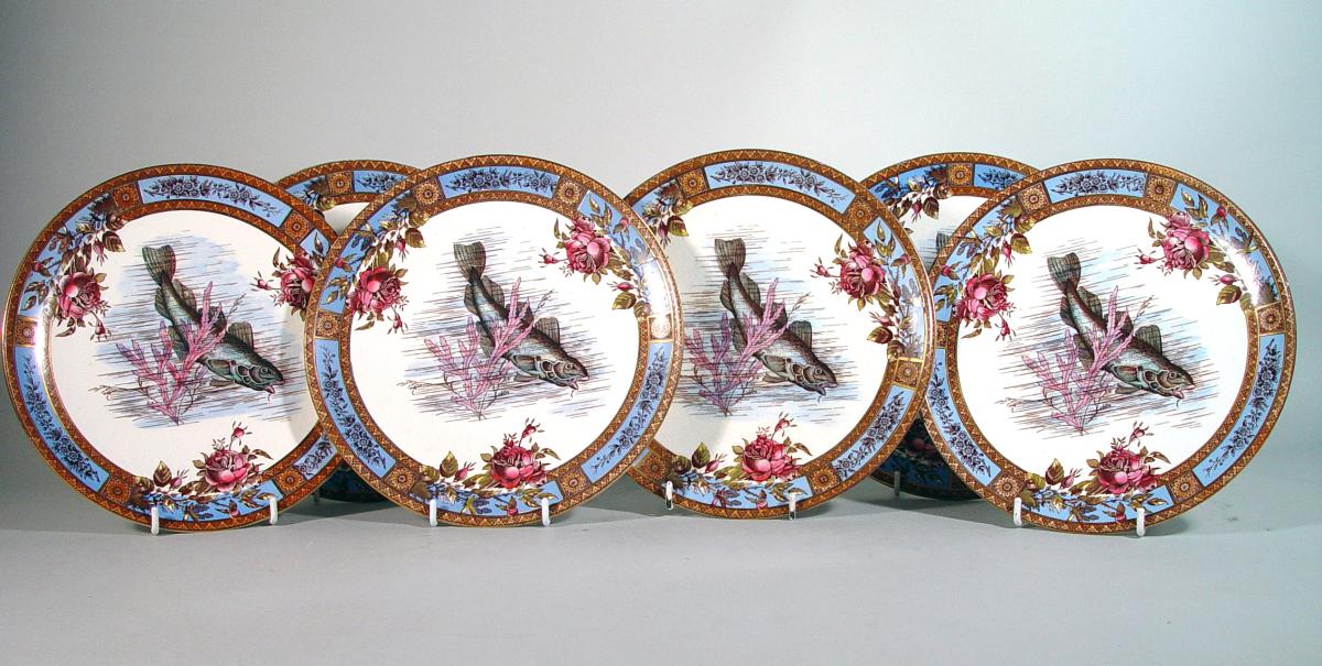 Set of Six Fish Plates, Wood & Hulme, Garfield Pottery, Circa 1884