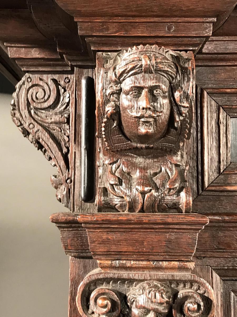 Large Carved Oak and Ebony Statue Cabinet, circa 1620