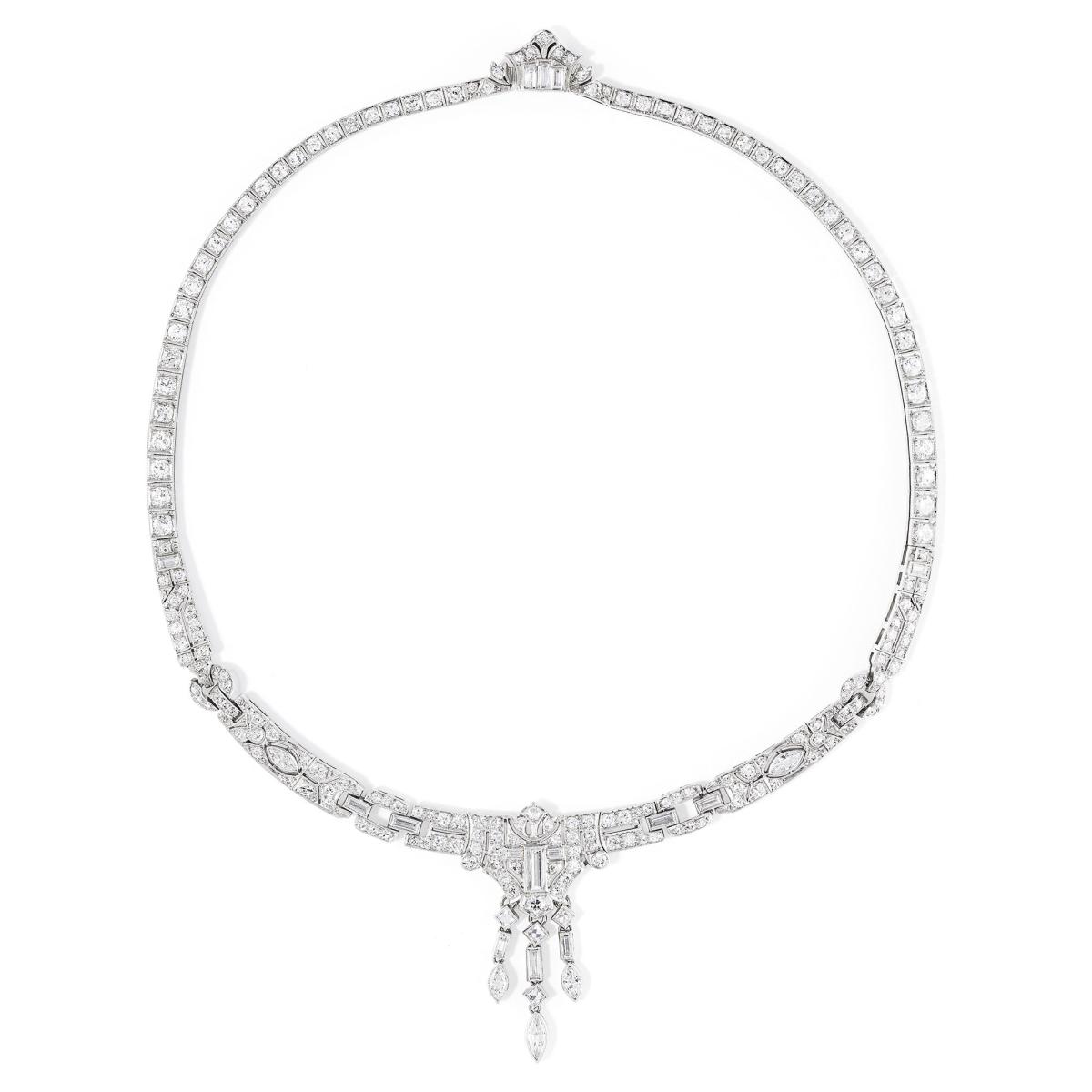 Art Deco brilliant, baguette and navette cut diamond necklace
