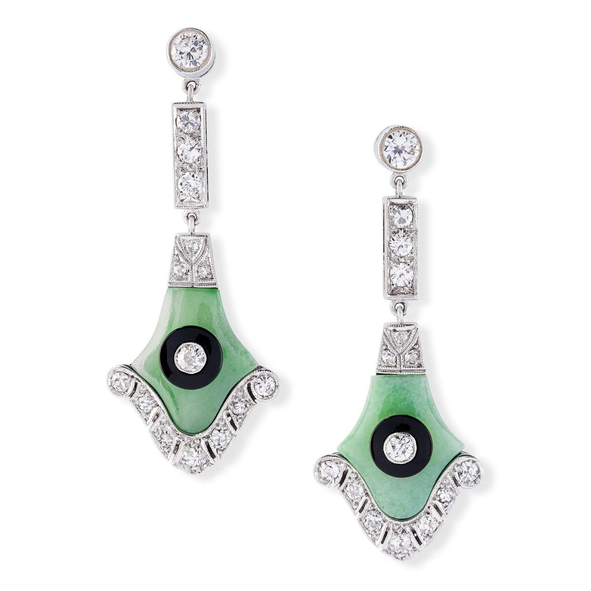 Jade, onyx and diamond drop earrings