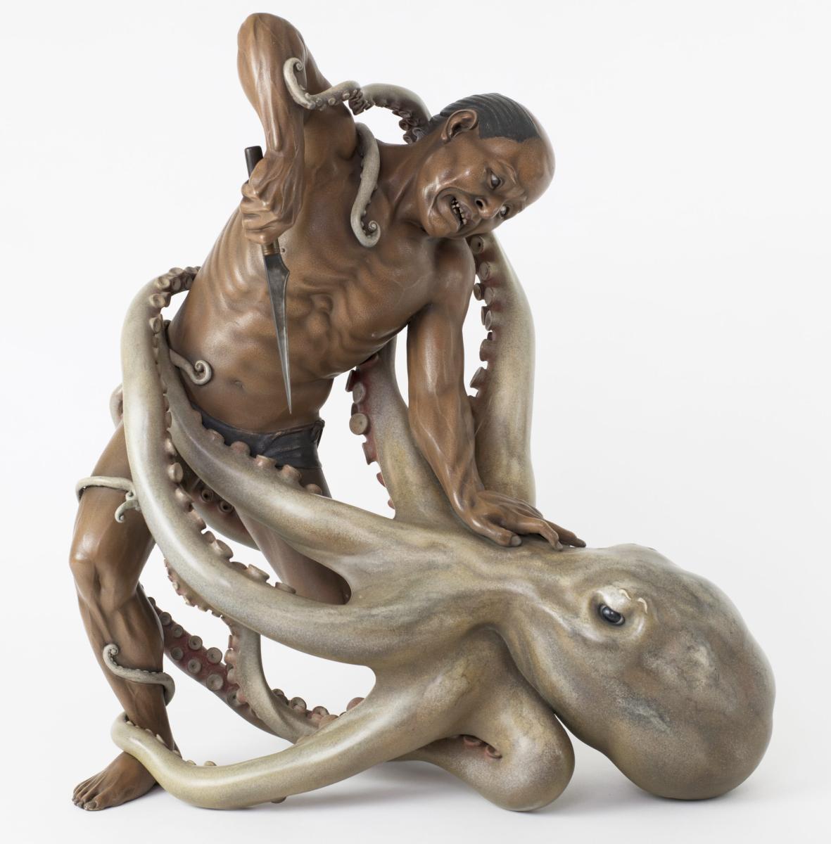 Sensational Japanese Wood and Lacquer Octopus Okimono - Iki Ningyo