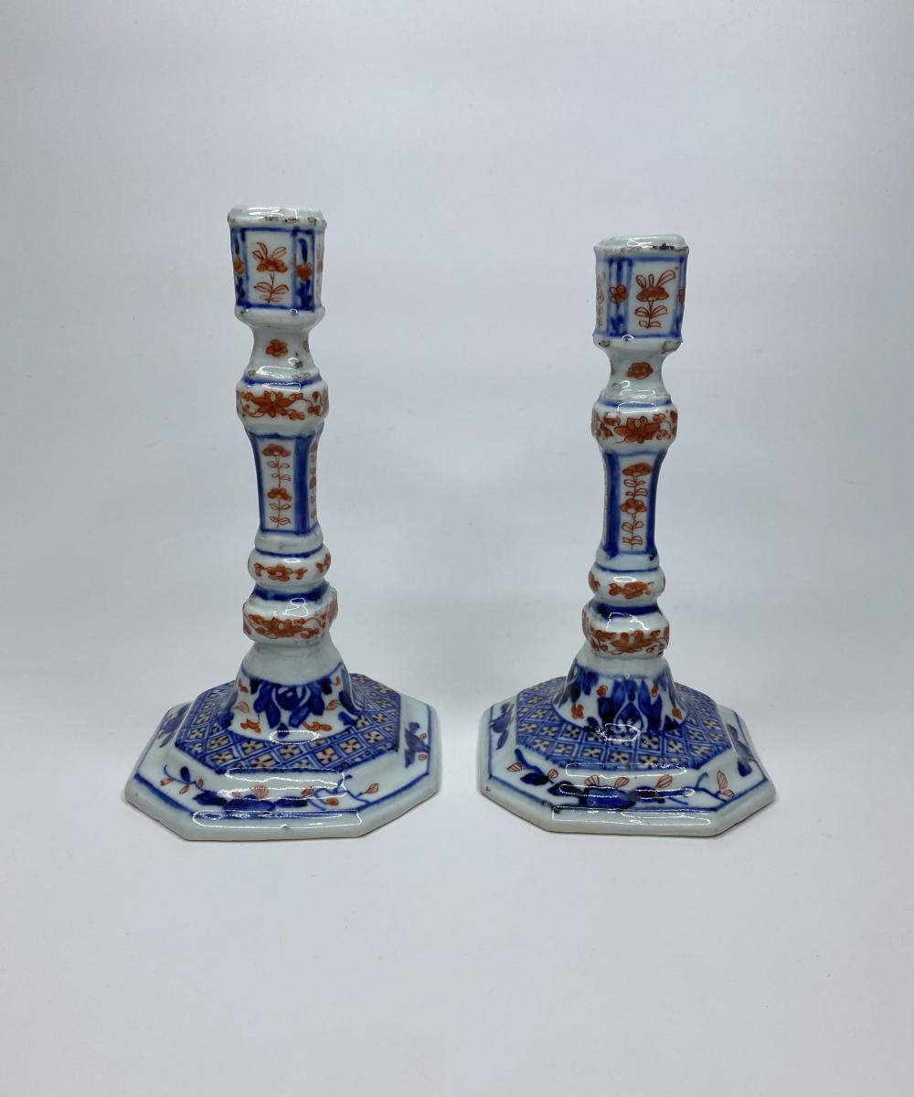 Pair Chinese Imari porcelain candlesticks, circa 1720, Kangxi Period