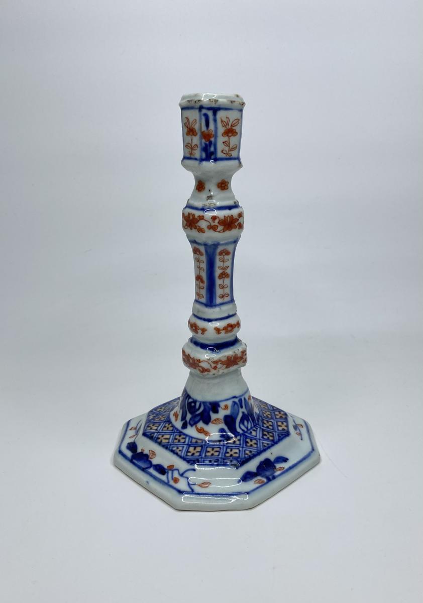 Pair Chinese Imari porcelain candlesticks, circa 1720, Kangxi Period