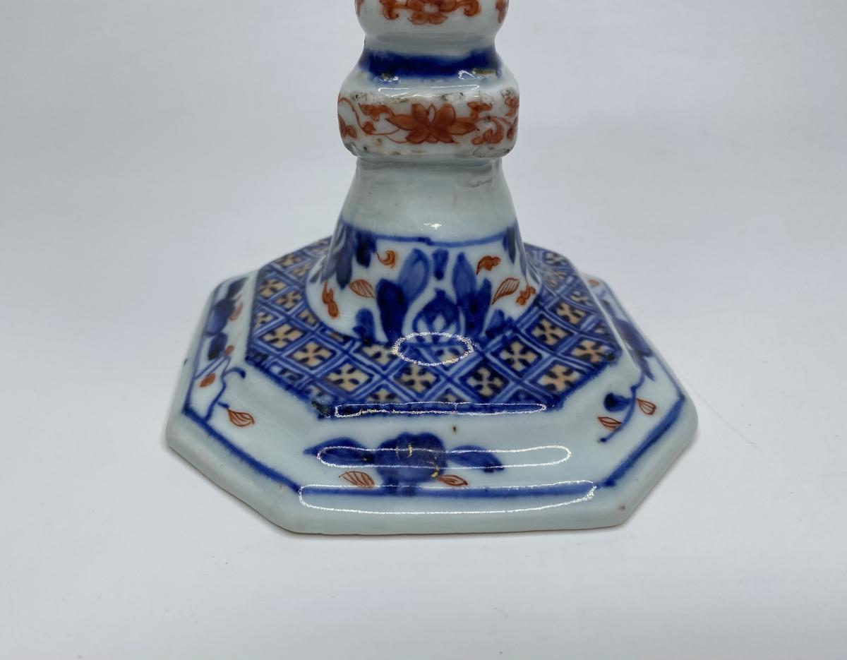 Pair Chinese Imari porcelain candlesticks, circa 1720, Kangxi Period