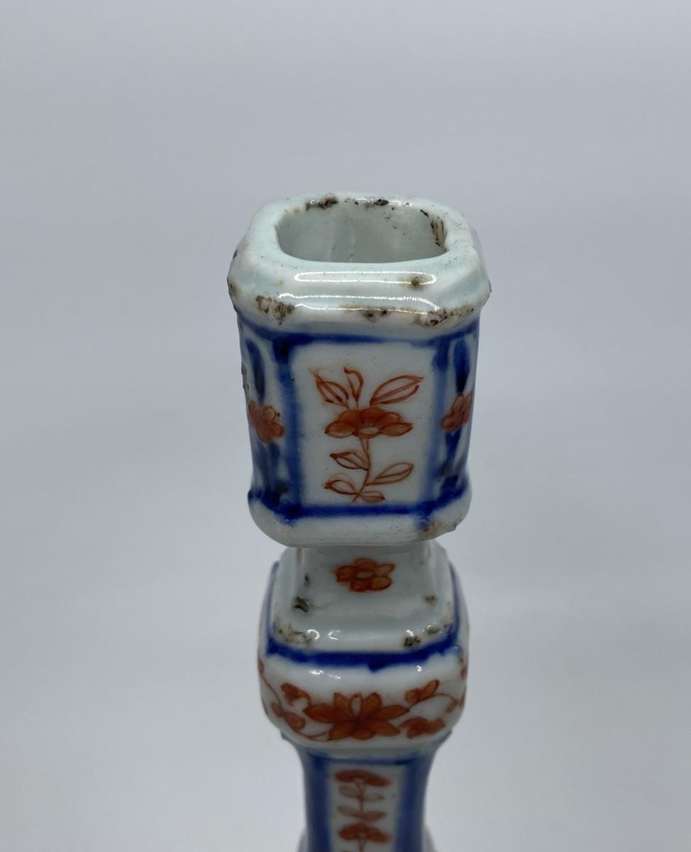 Pair Chinese Imari porcelain candlesticks, circa 1720, Kangxi Period