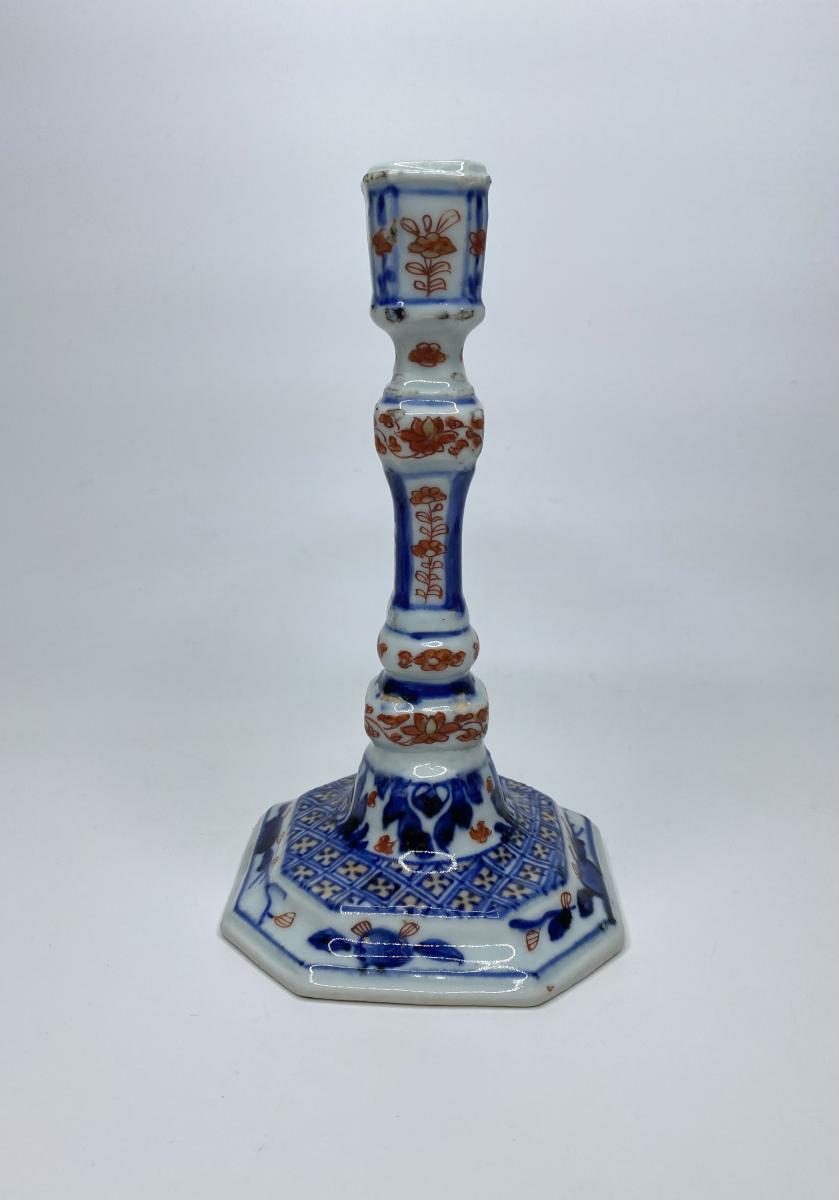 Pair Chinese Imari porcelain candlesticks, circa 1720, Kangxi Period