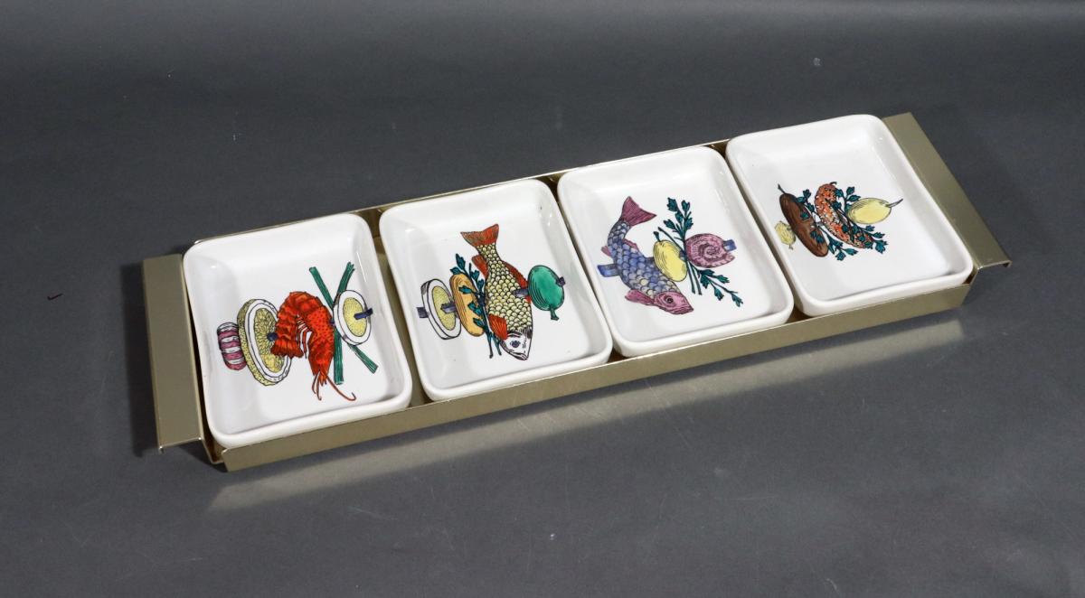 Piero Fornasetti Ceramic Appetizer Fish Kebab Dishes and Serving Tray, 1960s