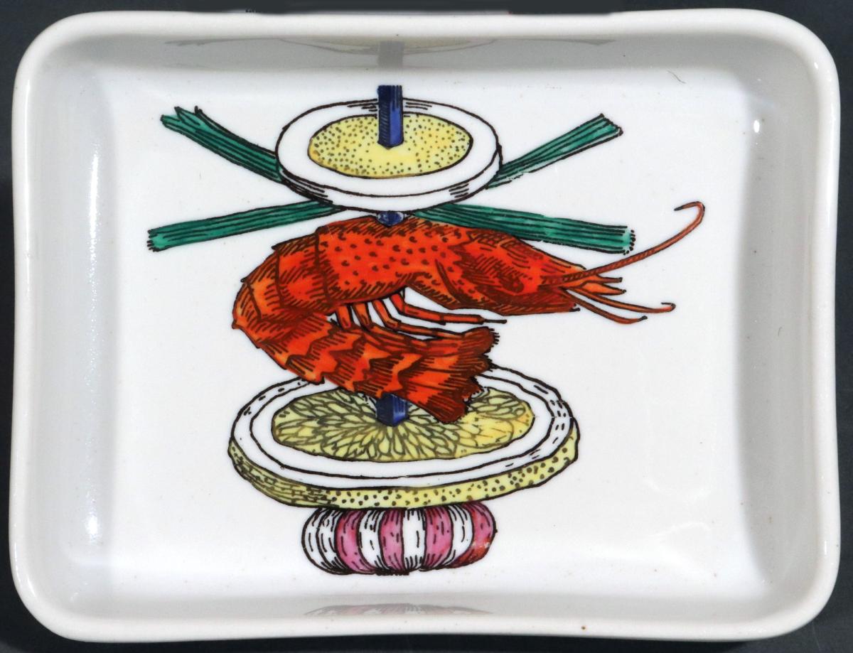 Piero Fornasetti Ceramic Appetizer Fish Kebab Dishes and Serving Tray