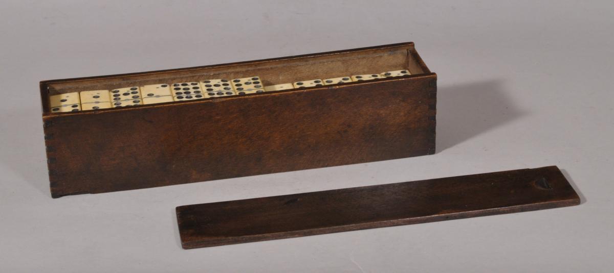 S/5722 Antique Treen Late Victorian Set of 55 Bone and Ebony Dominoes in a Beech Box
