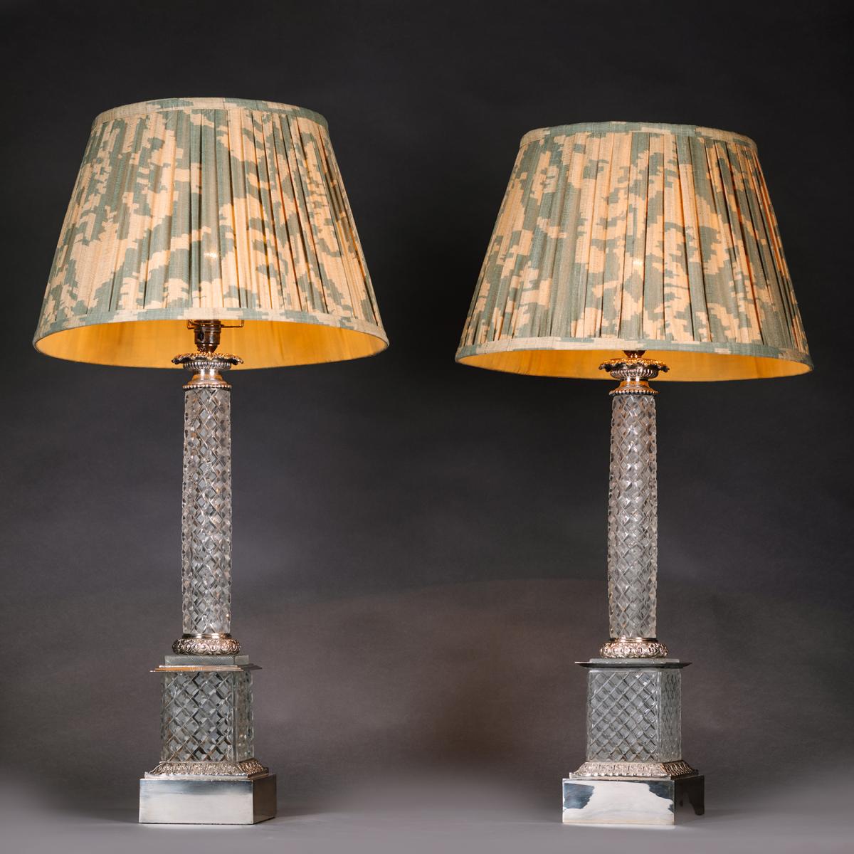 A Pair of Empire Style Cut-Glass and Silvered-Brass Lamps