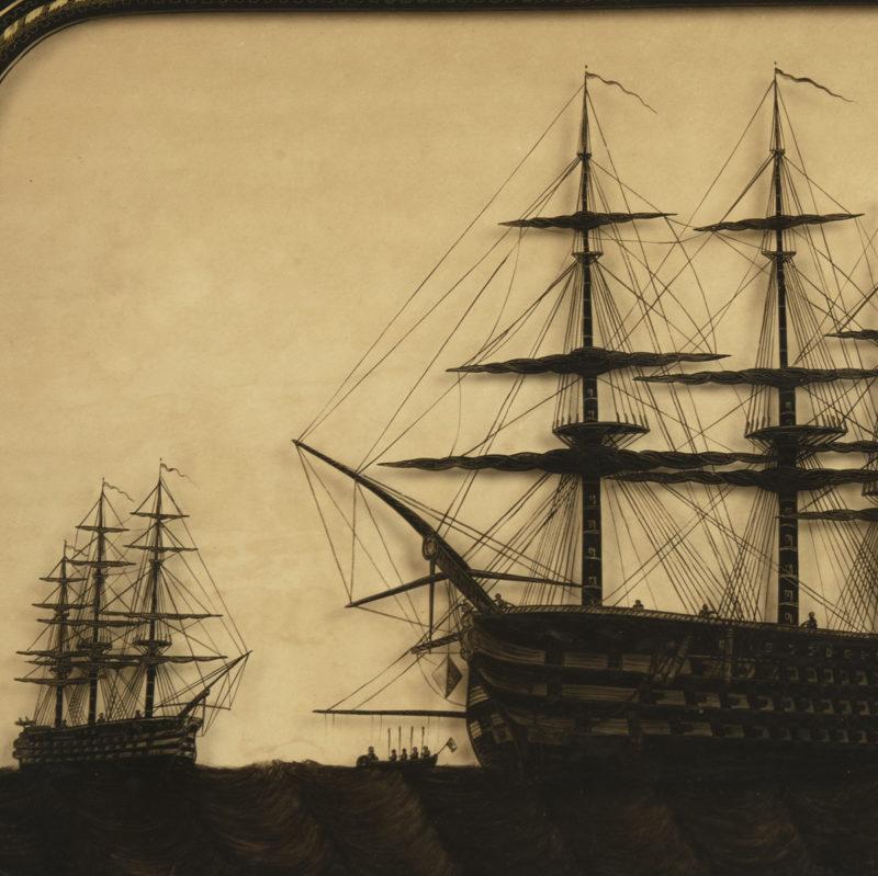A fine reverse glass silhouette of H.M.S. Marlborough, Foudroyant and Lee