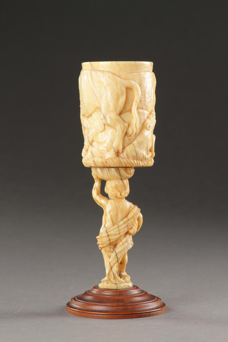 Finely Carved Goblet and Support Raised Upon a Turned Pear-Wood Base